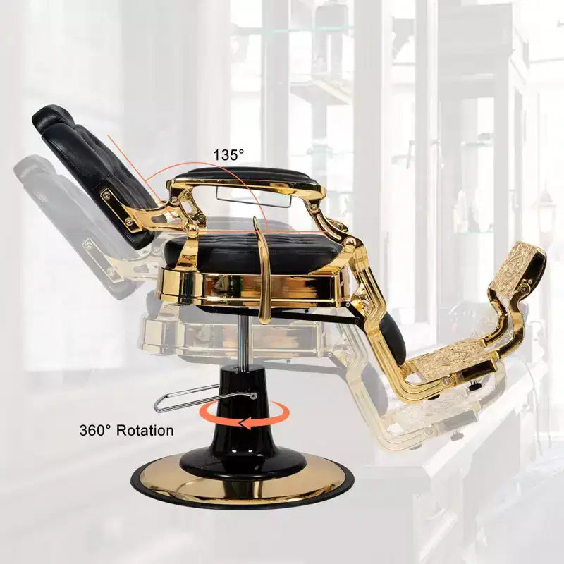 Fauteuil de barbier Karl Home de style vintage avec dossier carré inclinable hydraulique et cadre noir et doré