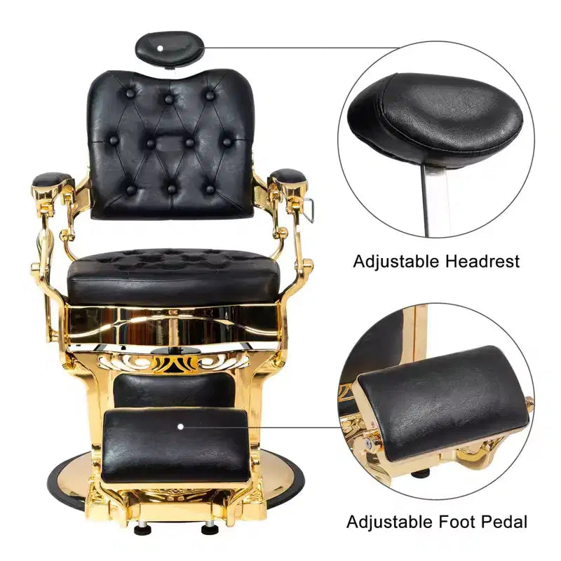 Fauteuil de barbier Karl Home de style vintage avec dossier carré inclinable hydraulique et cadre noir et doré