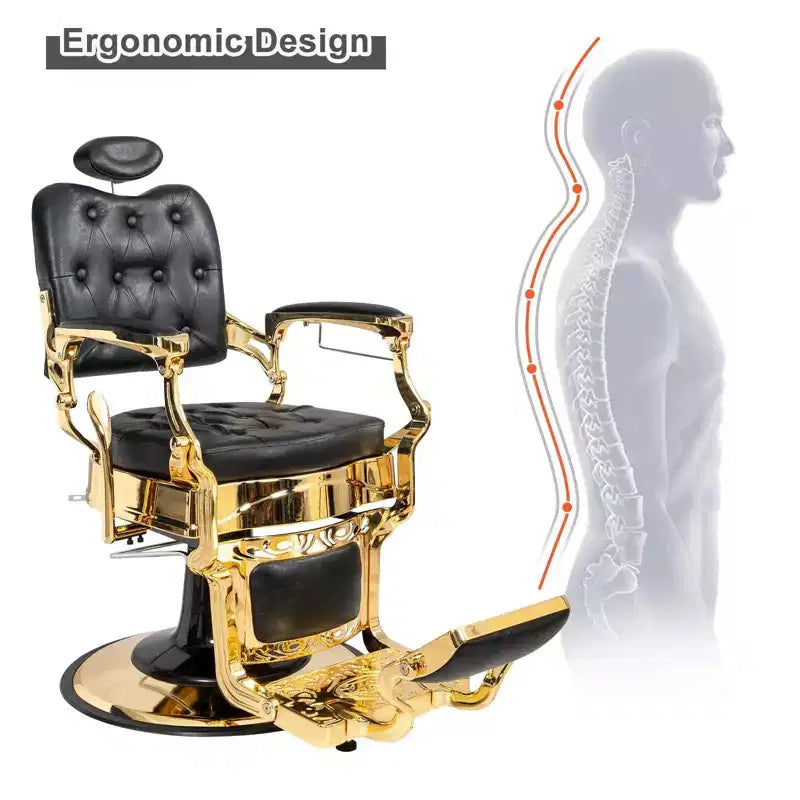 Fauteuil de barbier Karl Home de style vintage avec dossier carré inclinable hydraulique et cadre noir et doré