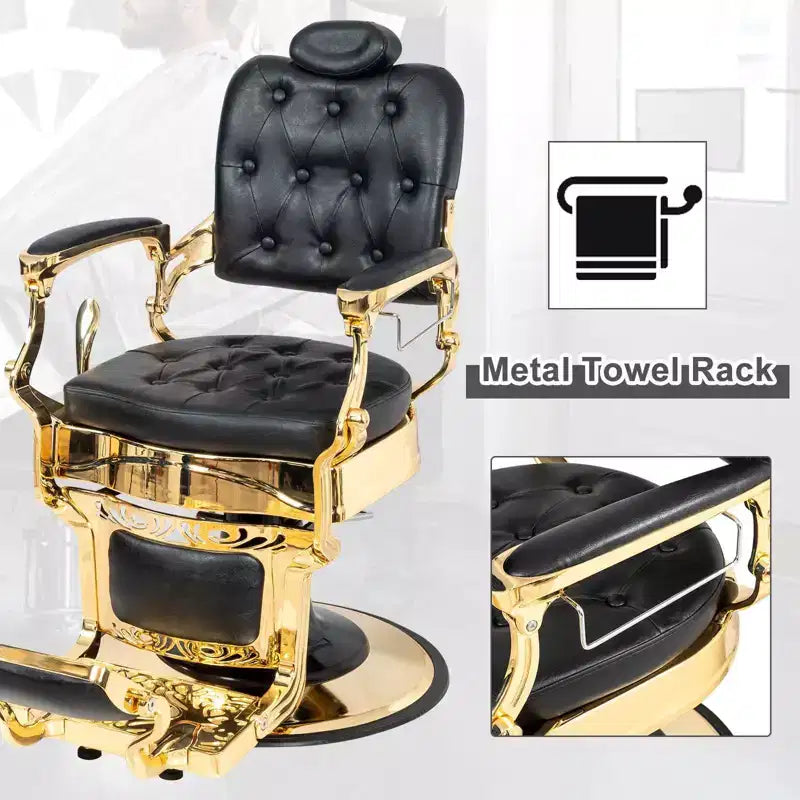 Fauteuil de barbier Karl Home de style vintage avec dossier carré inclinable hydraulique et cadre noir et doré