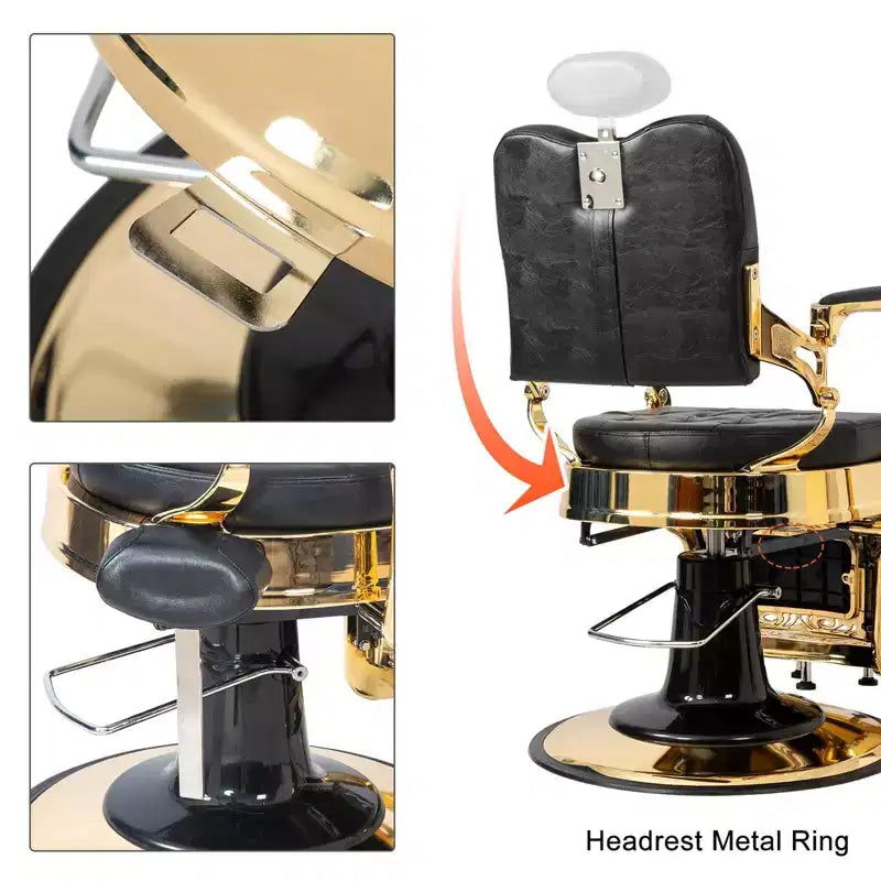 Fauteuil de barbier Karl Home de style vintage avec dossier carré inclinable hydraulique et cadre noir et doré