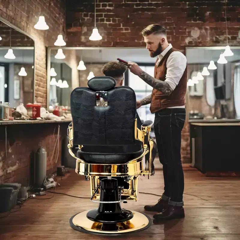 Fauteuil de barbier Karl Home de style vintage avec dossier carré inclinable hydraulique et cadre noir et doré