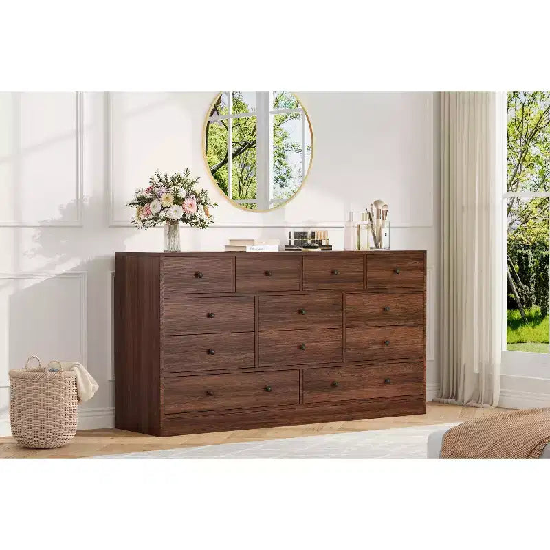 Commode à 12 tiroirs pour chambre, commode en bois de 155 cm, commodes hautes avec rails métalliques lisses, pour salon, couloir