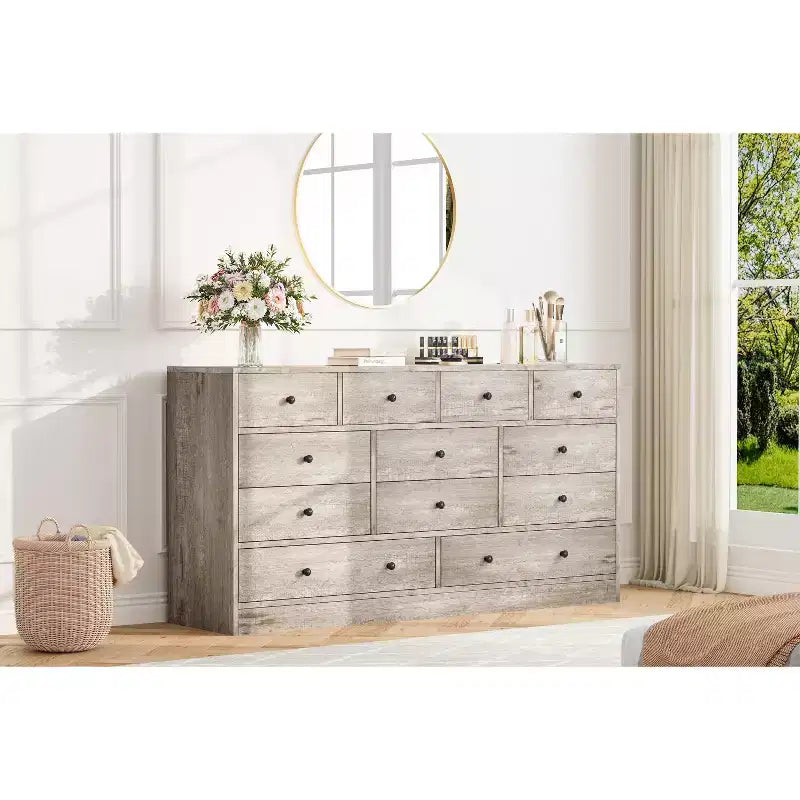Commode à 12 tiroirs pour chambre, commode en bois de 155 cm, commodes hautes avec rails métalliques lisses, pour salon, couloir