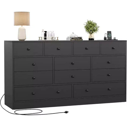 12 Drawer Dresser for Bedroom, 61 Inch Wood Dresser, Tall Dressers with Smooth Metal Rail, for Living Room, Hallway
