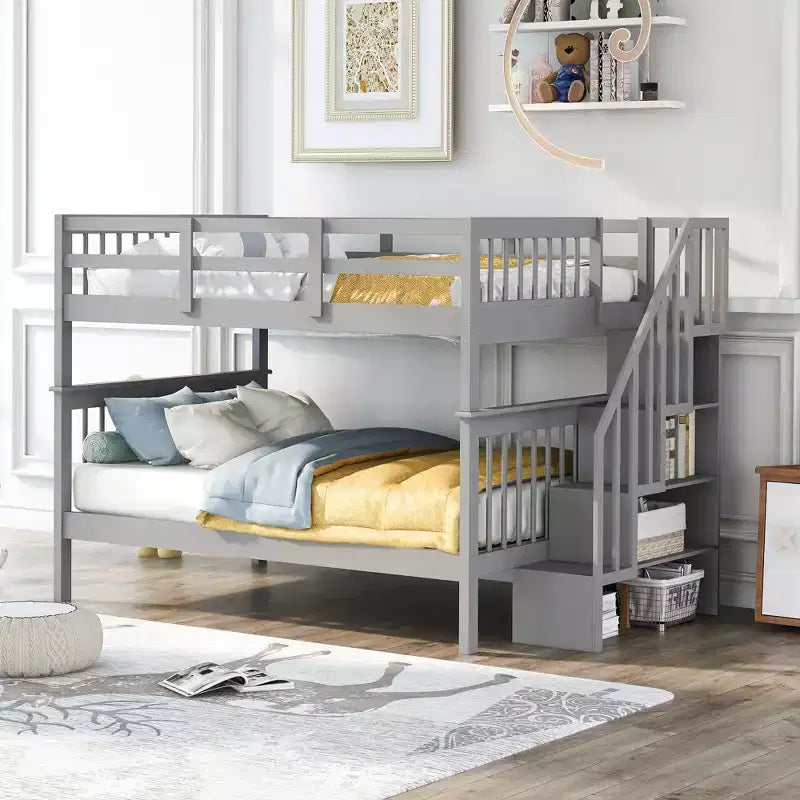 CLIHOME Lit superposé double avec escalier de rangement et garde-corps pour chambre à coucher, dortoir