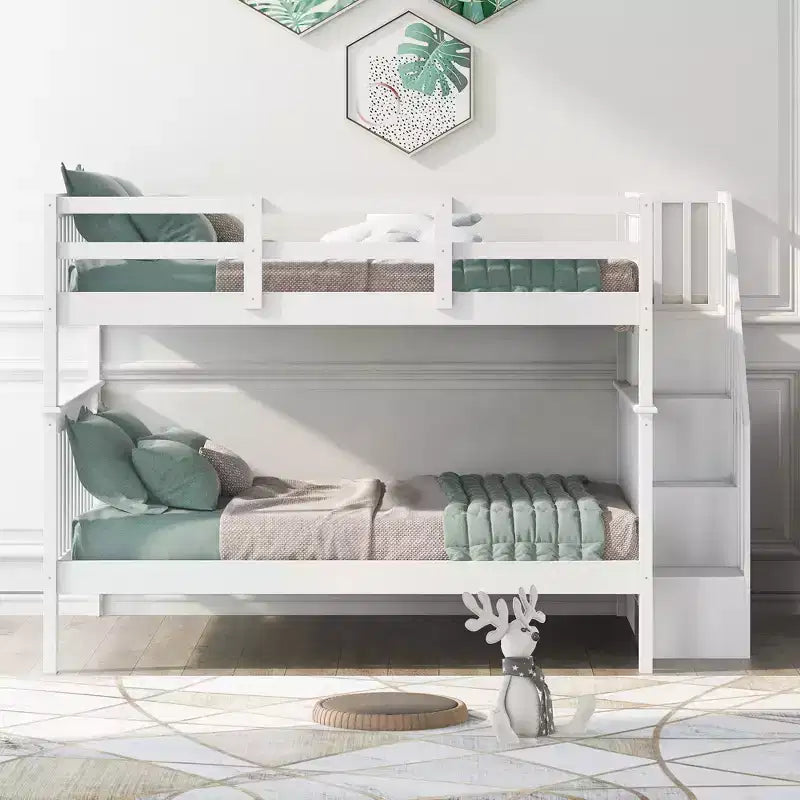 CLIHOME Lit superposé double avec escalier de rangement et garde-corps pour chambre à coucher, dortoir