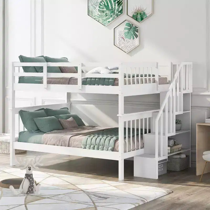 CLIHOME Lit superposé double avec escalier de rangement et garde-corps pour chambre à coucher, dortoir