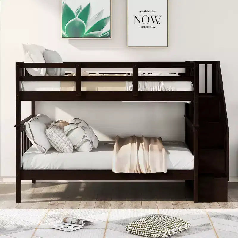 CLIHOME Lit superposé double avec escalier de rangement et garde-corps pour chambre à coucher, dortoir