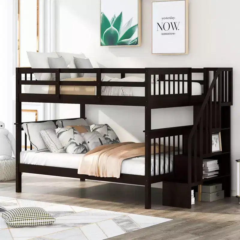 CLIHOME Lit superposé double avec escalier de rangement et garde-corps pour chambre à coucher, dortoir