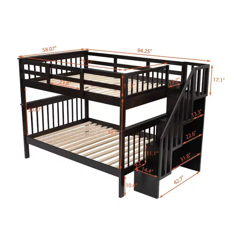 CLIHOME Lit superposé double avec escalier de rangement et garde-corps pour chambre à coucher, dortoir