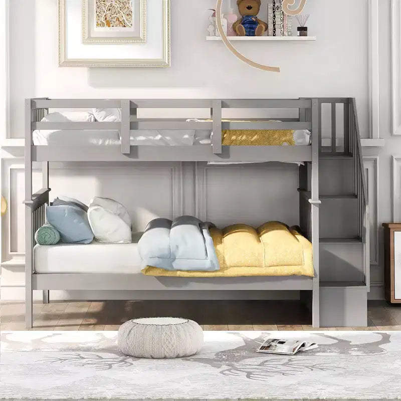 CLIHOME Lit superposé double avec escalier de rangement et garde-corps pour chambre à coucher, dortoir