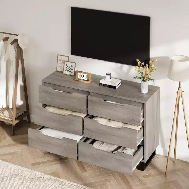 Commode à 6 tiroirs pour chambre, commode de 120 cm de large, meuble de rangement vertical autoportant avec rangement, commode de rangement en bois pour salon, couloir