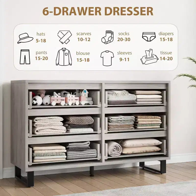 Commode à 6 tiroirs pour chambre, commode de 120 cm de large, meuble de rangement vertical autoportant avec rangement, commode de rangement en bois pour salon, couloir
