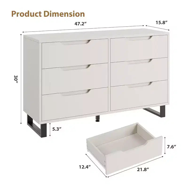 Commode à 6 tiroirs pour chambre, commode de 120 cm de large, meuble de rangement vertical autoportant avec rangement, commode de rangement en bois pour salon, couloir