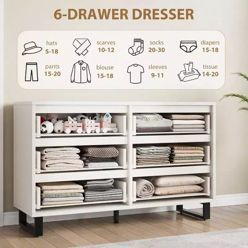 Commode à 6 tiroirs pour chambre, commode de 120 cm de large, meuble de rangement vertical autoportant avec rangement, commode de rangement en bois pour salon, couloir