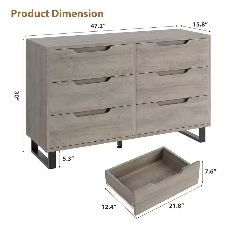 Commode à 6 tiroirs pour chambre, commode de 120 cm de large, meuble de rangement vertical autoportant avec rangement, commode de rangement en bois pour salon, couloir