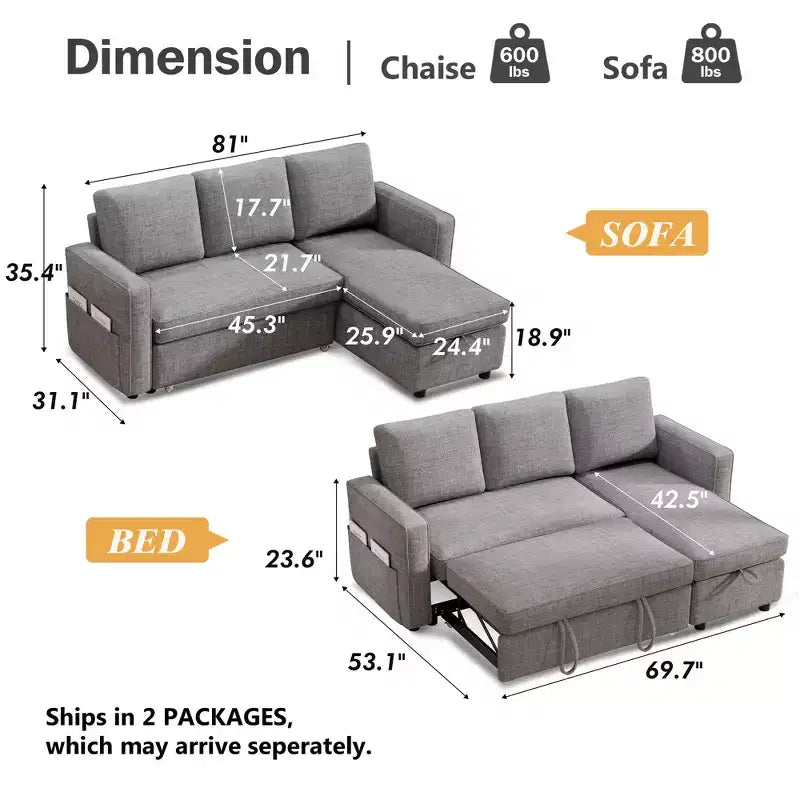 Canapé-lit convertible Dyonery 2-en-1 avec méridienne de rangement réversible pour chambre 81 – Canapé d'angle en L avec poches latérales