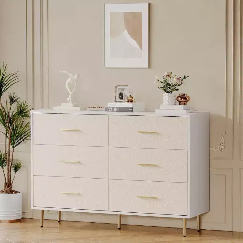 Modern White Dresser, Wooden Chest of Drawer with Metal Legs, White, 47.2 D x 15.5 W x 33.5 H, Storage Cabinet for Bedroom, Living Room, Entryway