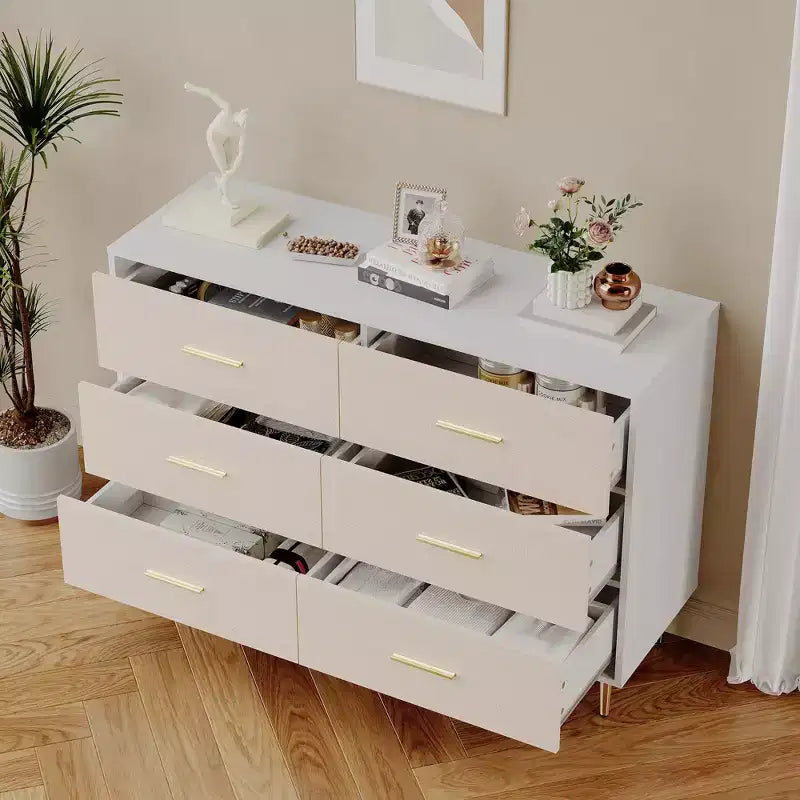 Commode moderne blanche, tiroirs en bois avec pieds en métal, blanc, 120 P x 39,4 L x 85 H cm, meuble de rangement pour chambre, salon, entrée