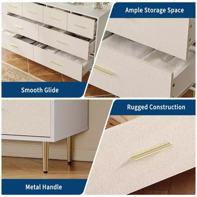 Commode moderne blanche, tiroirs en bois avec pieds en métal, blanc, 120 P x 39,4 L x 85 H cm, meuble de rangement pour chambre, salon, entrée