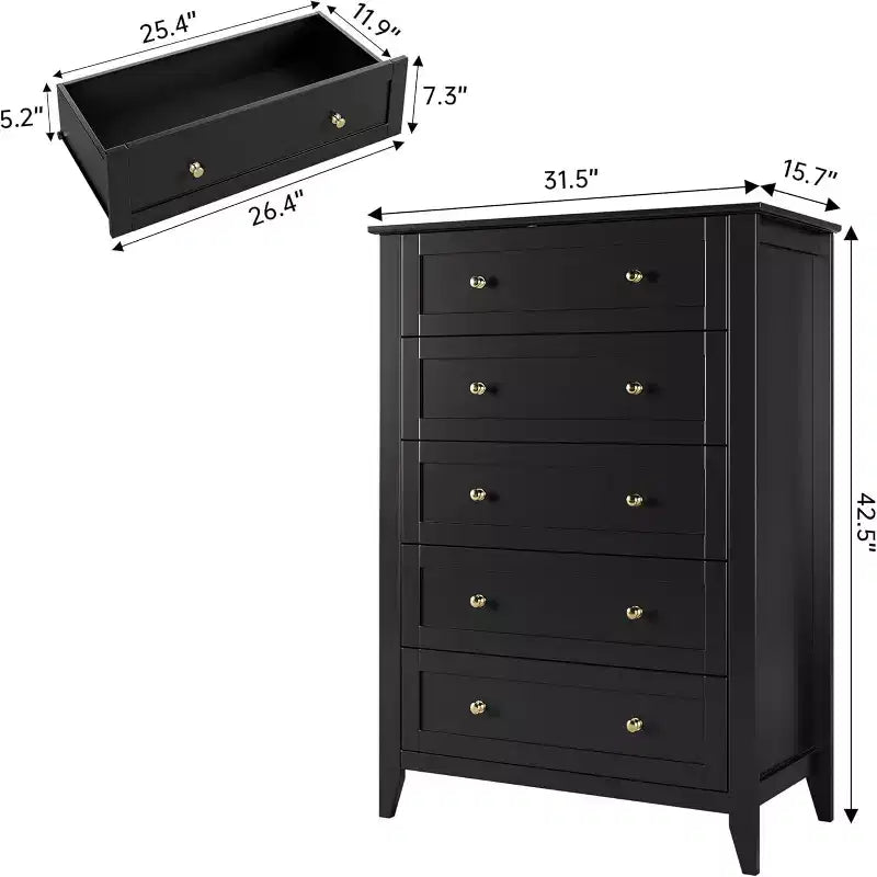 Commode en bois à cinq tiroirs GustoWave avec tiroirs profonds et poignées en métal