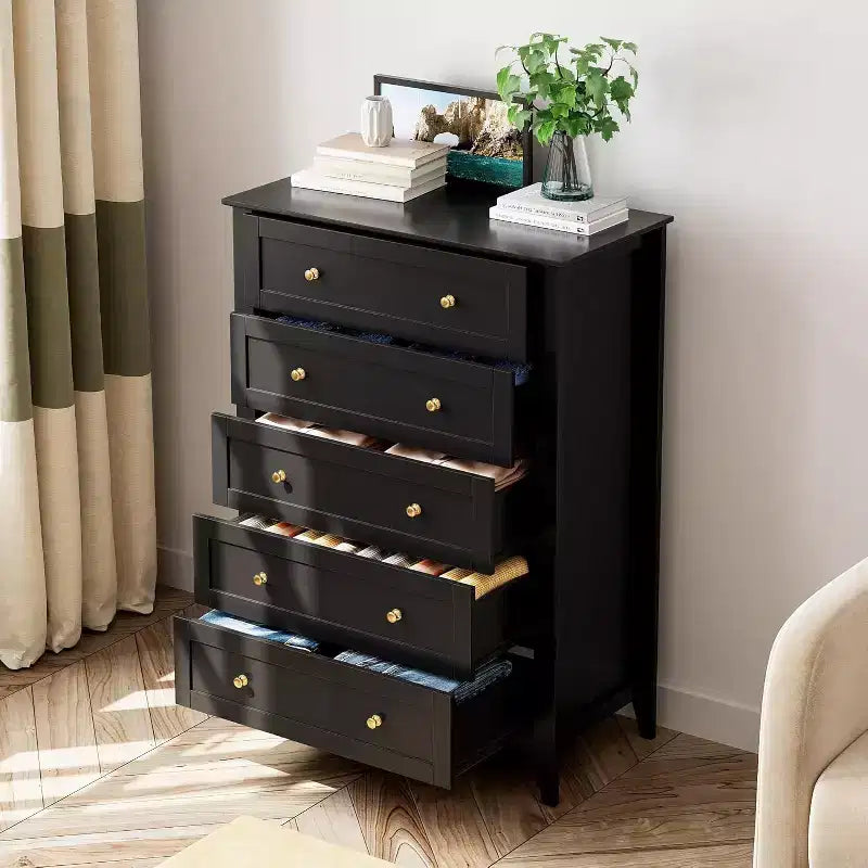 Commode en bois à cinq tiroirs GustoWave avec tiroirs profonds et poignées en métal