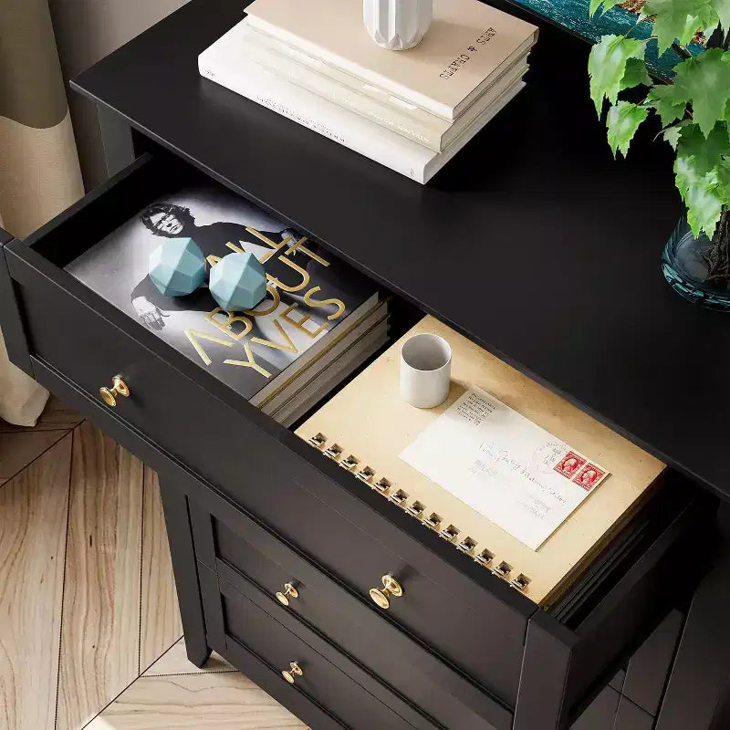 Commode en bois à cinq tiroirs GustoWave avec tiroirs profonds et poignées en métal