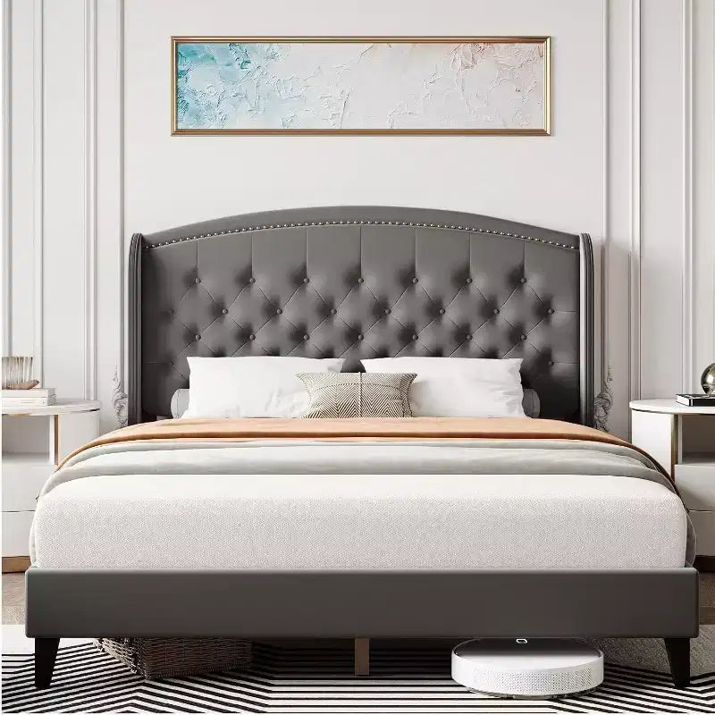 Cadre de lit plateforme rembourré avec tête de lit à oreilles, velours doux et design capitonné, support à lattes en bois, assemblage facile