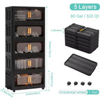 MAYEERTY Meuble de rangement pliant en plastique noir à 4 niveaux de 24 côtés avec porte magnétique et roulettes pour salon