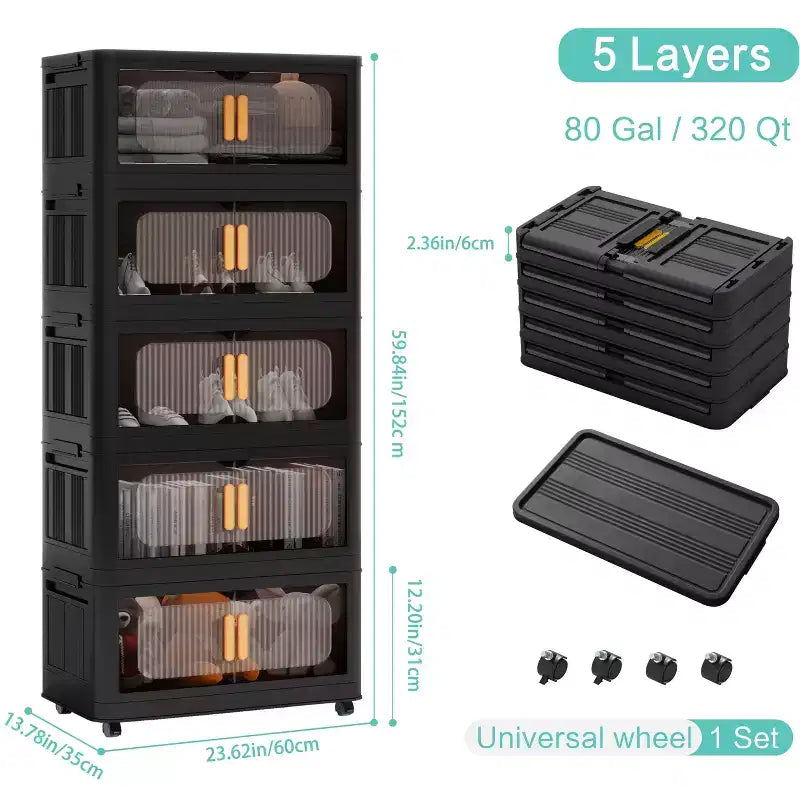 MAYEERTY Meuble de rangement pliant en plastique noir à 4 niveaux de 24 côtés avec porte magnétique et roulettes pour salon