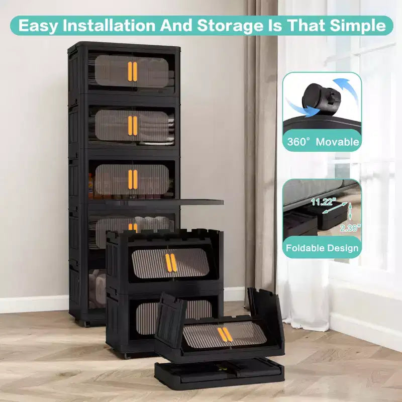MAYEERTY Meuble de rangement pliant en plastique noir à 4 niveaux de 24 côtés avec porte magnétique et roulettes pour salon