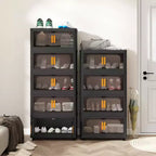 MAYEERTY Meuble de rangement pliant en plastique noir à 4 niveaux de 24 côtés avec porte magnétique et roulettes pour salon