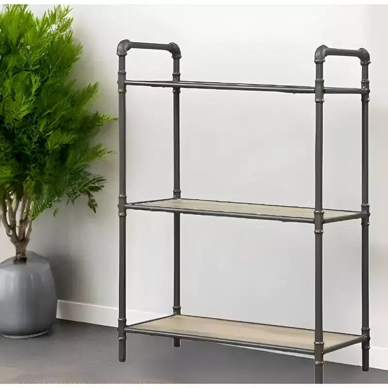 Bibliothèque standard à trois niveaux HomeRoots 36 chêne antique et métal gris sable