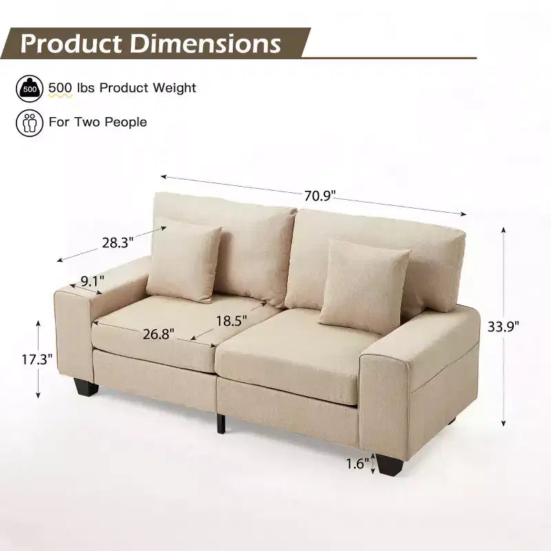 Canapé deux places en lin EROMMY 70,9 po, canapé rembourré avec 2 coussins extra doux et rangement latéral pratique, confortable et élégant