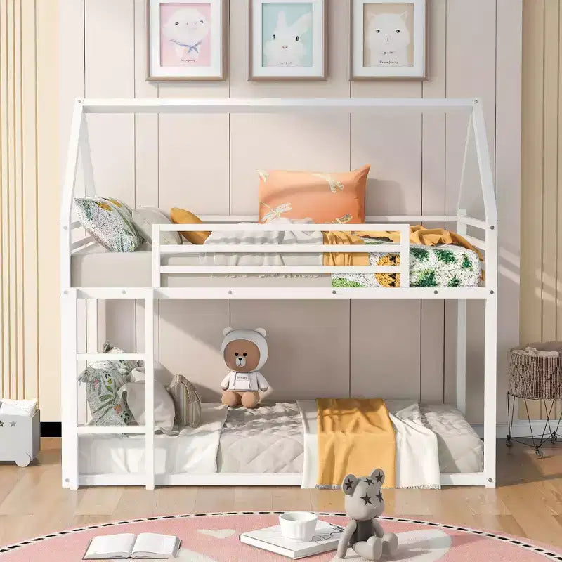 Okak Twin over Twin Metal House Bunk Bed with Built-in Ladder Low Loft Bunk Bed with Safety Guardrail for Kids Teens, Easy Assemble