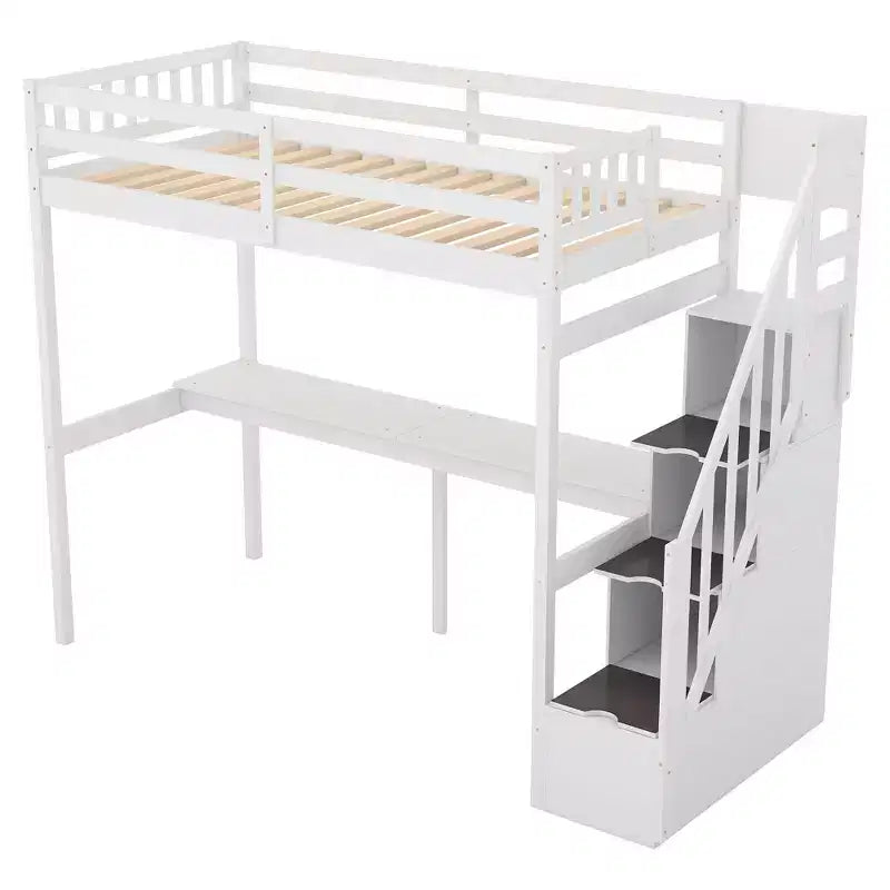 Lit superposé multifonction Okak Twin avec bureau intégré, lit mezzanine avec escalier de rangement, garde-corps de sécurité en bois massif pour enfants et adolescents, montage facile