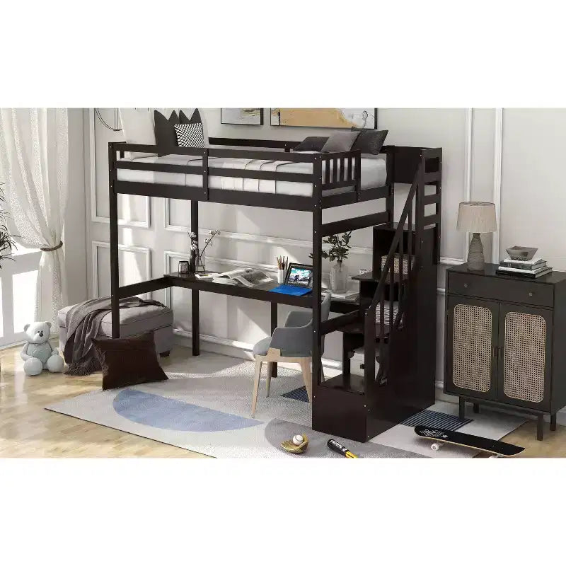 Lit superposé multifonction Okak Twin avec bureau intégré, lit mezzanine avec escalier de rangement, garde-corps de sécurité en bois massif pour enfants et adolescents, montage facile