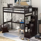Lit superposé multifonction Okak Twin avec bureau intégré, lit mezzanine avec escalier de rangement, garde-corps de sécurité en bois massif pour enfants et adolescents, montage facile