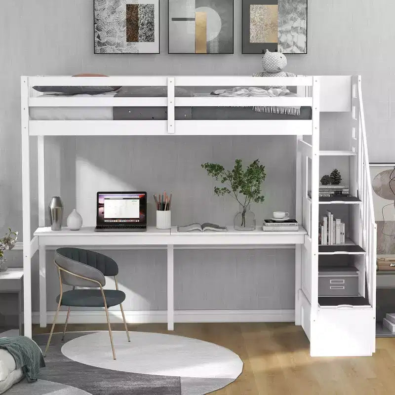 Lit superposé multifonction Okak Twin avec bureau intégré, lit mezzanine avec escalier de rangement, garde-corps de sécurité en bois massif pour enfants et adolescents, montage facile