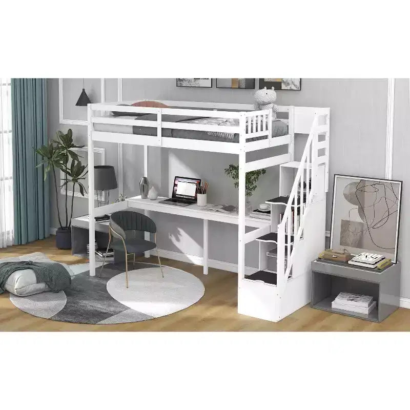 Lit superposé multifonction Okak Twin avec bureau intégré, lit mezzanine avec escalier de rangement, garde-corps de sécurité en bois massif pour enfants et adolescents, montage facile