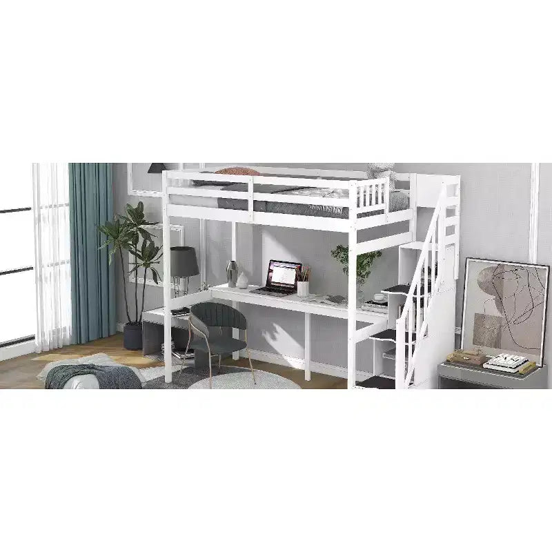Lit superposé multifonction Okak Twin avec bureau intégré, lit mezzanine avec escalier de rangement, garde-corps de sécurité en bois massif pour enfants et adolescents, montage facile
