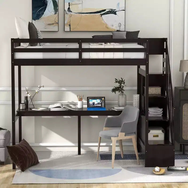 Lit superposé multifonction Okak Twin avec bureau intégré, lit mezzanine avec escalier de rangement, garde-corps de sécurité en bois massif pour enfants et adolescents, montage facile