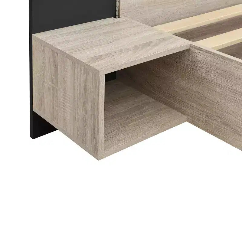 Lit plateforme flottant Okak Queen/King avec tables de chevet, lit avec LED, lattes en bois robustes, pas besoin de sommier, facile à assembler