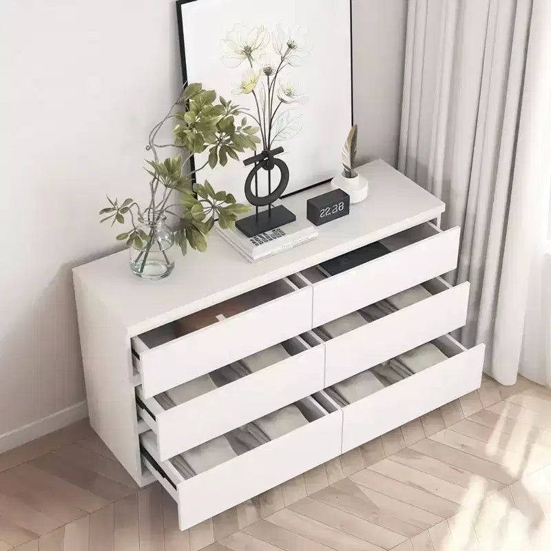 Commode à 6 tiroirs profonds Okak pour chambre, commode de placard moderne en bois, armoire de rangement spacieuse, grande table de chevet pour salon ou entrée