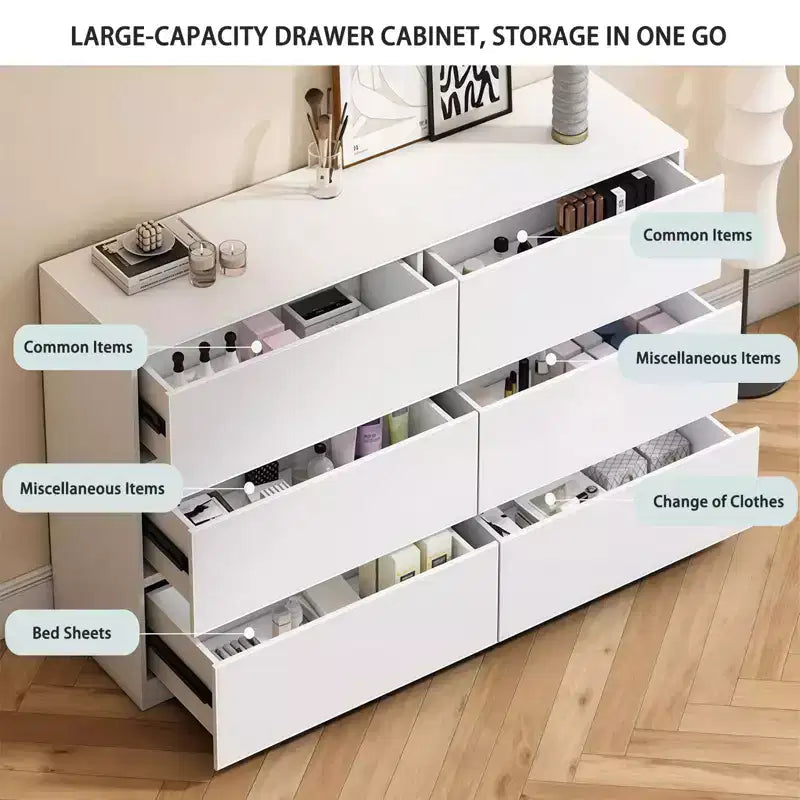 Commode à 6 tiroirs profonds Okak pour chambre, commode de placard moderne en bois, armoire de rangement spacieuse, grande table de chevet pour salon ou entrée