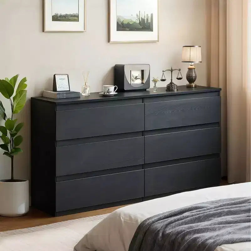 Commode à 6 tiroirs profonds Okak pour chambre, commode de placard moderne en bois, armoire de rangement spacieuse, grande table de chevet pour salon ou entrée