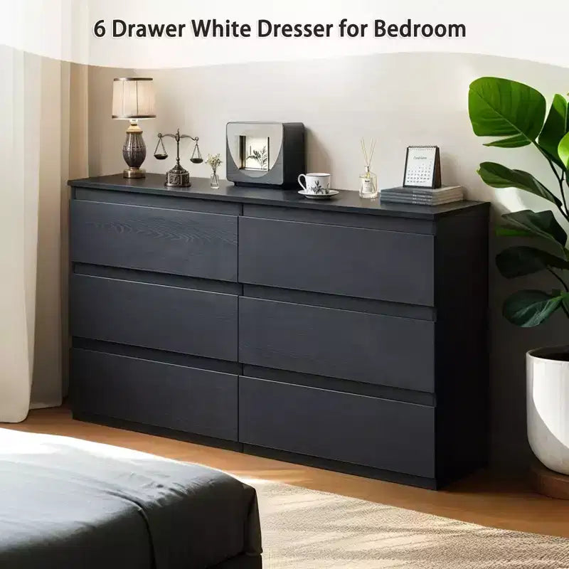 Commode à 6 tiroirs profonds Okak pour chambre, commode de placard moderne en bois, armoire de rangement spacieuse, grande table de chevet pour salon ou entrée