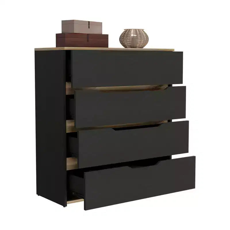 Commode de chambre moderne Okak à 4 tiroirs avec plateau supérieur et tiroirs spacieux, meuble de rangement pour chambre à coucher, entrée, commode en bois