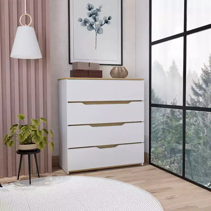 Commode de chambre moderne Okak à 4 tiroirs avec plateau supérieur et tiroirs spacieux, meuble de rangement pour chambre à coucher, entrée, commode en bois